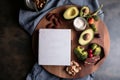 Ketogenic low carbs diet healthy food products on the wooden tray, The keto diet book with space for text,Top view, Generative AI