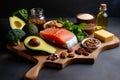 Ketogenic low carbs diet healthy food on the wooden tray, keto foods salmon, olive oil, broccoli, nuts.Top view, Generative AI