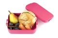 Healthy lunch box, cheese sandwich, pear, carrots and grapes