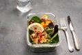 Healthy lunch box container  with grilled chicken meatballs, broccoli, zucchini, pumpkin and salad on grey background selective Royalty Free Stock Photo