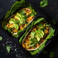 Healthy lunch box with quinoa, avocado, chickpeas and hummus