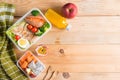 Healthy lunch boxes in plastic package, Grilled chicken breast with sweet potato, egg and vegetable salad, fruit, orange juice. Royalty Free Stock Photo