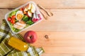 Healthy lunch boxes in plastic package, Grilled chicken breast with vegetable salad, egg and fruit, orange juice. Diet food Royalty Free Stock Photo