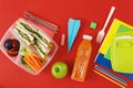 Healthy lunch boxes sandwich vegetables juice top view Flat lay Royalty Free Stock Photo