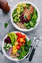 Healthy lunch Buddha bowls. Avocado, quinoa, red beans, spinach, avocado and fresh vegetables and with grilled chicken and grilled Royalty Free Stock Photo