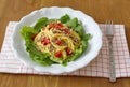 Healthy lunch consists od corn spaghetti, salad, seeds and tomatoes Royalty Free Stock Photo