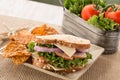 Healthy Lunch Ham Turkey Swiss Cheese Sandwich With Chips Royalty Free Stock Photo