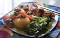 Healthy Lunch. Homemade food. White rice, Steamed potato,stewed chicken, watercress, and carrots. Royalty Free Stock Photo