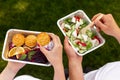 Healthy lunch in park, top view Royalty Free Stock Photo