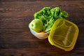 Healthy lunch prepared in small plastic container, top view, close-up. Royalty Free Stock Photo