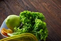 Healthy lunch prepared in small plastic container, top view, close-up. Royalty Free Stock Photo