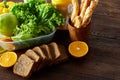 Healthy lunch prepared in small plastic container, top view, close-up. Royalty Free Stock Photo