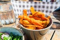 Lunch with Salad from grilled Broccoli and Baked Sweet Potato Fries