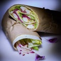 Healthy lunch snack. Stack of mexican street food fajita tortilla wraps with grilled buffalo chicken fillet and fresh Royalty Free Stock Photo