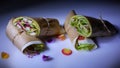 Healthy lunch snack. Stack of mexican street food fajita tortilla wraps with grilled buffalo chicken fillet and fresh Royalty Free Stock Photo