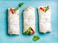 Healthy lunch snack. Tortilla wraps with grilled chicken fillet and fresh vegetables Royalty Free Stock Photo