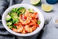 Spicy Shrimp Burrito Bowl with cilantro lime rice and broccoli Royalty Free Stock Photo