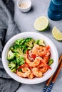 Spicy Shrimp Burrito Bowl with cilantro lime rice and broccoli Royalty Free Stock Photo