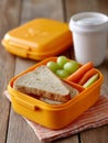 Healthy lunchbox with sandwich, carrots, and grapes on table. Royalty Free Stock Photo