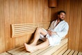 Healthy male in sauna relaxing Royalty Free Stock Photo