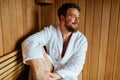 Healthy male in sauna relaxing Royalty Free Stock Photo