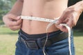 Healthy man measuring his body. Cropped and mid-section image of