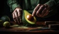 Healthy man prepares gourmet guacamole with fresh organic avocado slice generated by AI