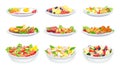 Healthy meal. Breakfast, lunch, salad and dinner menu. Oatmeal with fruit. Balanced diet with vegetables, eggs, meat and