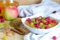 Healthy meal concept background. Vegan flax porridge with raspberry and grape raisins in white bowl on fabric. Apple Royalty Free Stock Photo
