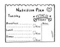 Healthy meal concept for weight loss, calories count in kcal. Cartoon illustration of nutrition plan. Hand drawn diet plan in