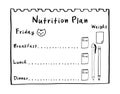 Healthy meal concept for weight loss, calories count in kcal. Cartoon illustration of nutrition plan. Hand drawn diet plan in