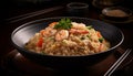 A healthy meal of cooked rice, vegetables, and seafood risotto generated by AI