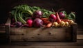 Healthy meal of fresh vegetables on rustic plank generated by AI