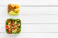 Healthy meal in lunch box to take away on white wooden background top view mockup Royalty Free Stock Photo