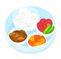 Healthy meal plate with rice, grilled chicken, tomatoes, cucumber, and potatoes vector illustration. Balanced diet