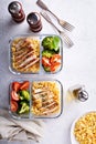 Healthy meal prep containers with chicken and rice Royalty Free Stock Photo