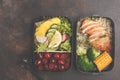 Healthy meal prep containers with grilled chicken with fruits, b Royalty Free Stock Photo