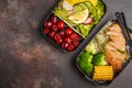 Healthy meal prep containers with grilled chicken with fruits, b Royalty Free Stock Photo