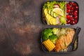 Healthy meal prep containers with grilled chicken with fruits, b Royalty Free Stock Photo