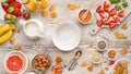 Healthy meal. A set of products for preparing a healthy vegetarian and nutritious meal, homemade granola, yogurt, fresh fruits and Royalty Free Stock Photo