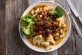 Healthy meal with stewed chicken, vegetables and pasta Royalty Free Stock Photo