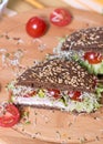 A healthy meal of whole wheat dark brown rye bread, curd cream cheese, radish, alfalfa sprouts, ham, cherry tomatoes, salad. Royalty Free Stock Photo