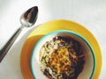 Healthy Mexican breakfast: puffed amaranth, pumpkin seeds, coconut, cacao, passionfruit