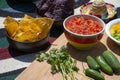 Fresh Homemade Organic Salsa with Blue and Yellow Organic Corn Chips Royalty Free Stock Photo