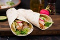 Healthy mexican tacos with baked chicken breast, cucumber, radish Royalty Free Stock Photo