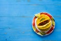 Mexican Tacos with Ground Beef and Vegetables on Rustic Blue Background Royalty Free Stock Photo