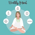 Healthy mind bohemian woman meditation info-graphic illustration