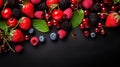 Healthy mix berries fruits clean eating selection on black background. Generative AI