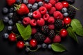 Healthy mix berries fruits clean eating selection on dark grey background. Generative AI