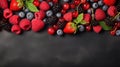 Healthy mix berries fruits clean eating selection on dark grey background. Cherry, blueberry, raspberry fruits Generative AI